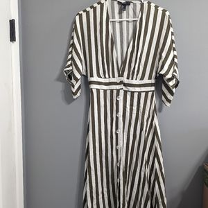 Forever 21 green and white striped button up dress With V Neck Short Sleeve